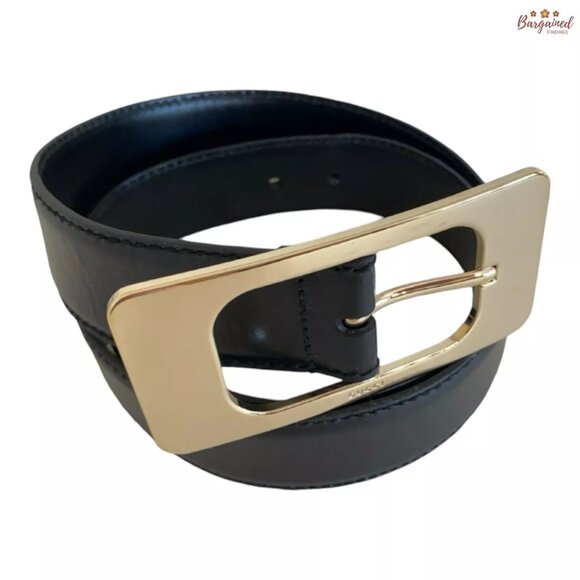 Authentic Gucci Black Calfskin Leather Gold Large Square Buckle Belt Size 85/34